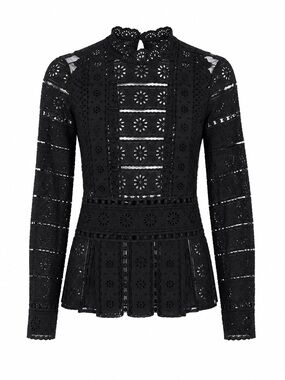 Sea Black Eyelet Lace Peplum Top with Scalloped Neck